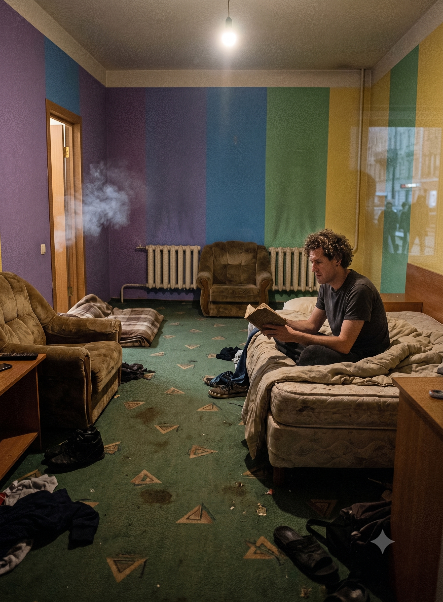 Interior reflection in a somber hotel room