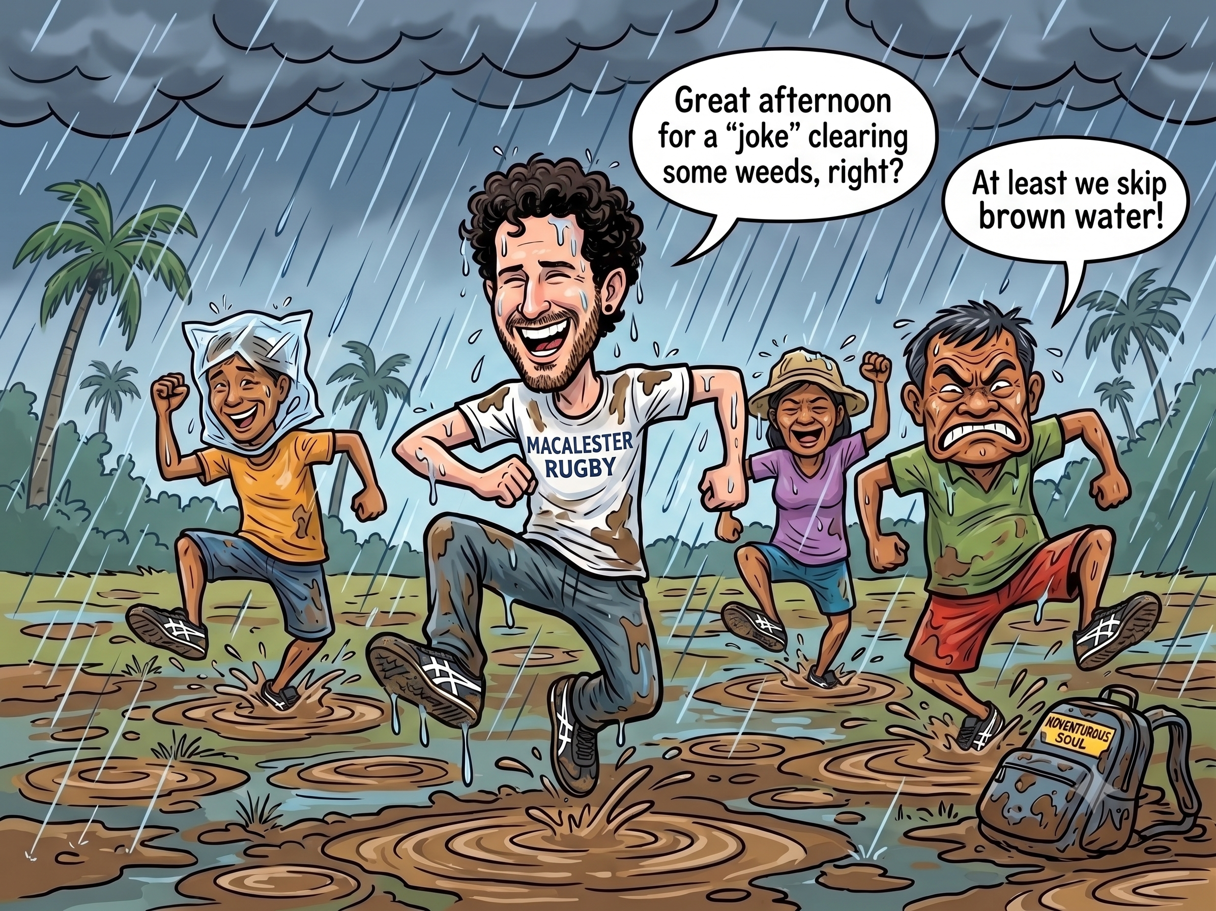 Eitan Feldman navigating the heavy tropical downpour in the fields