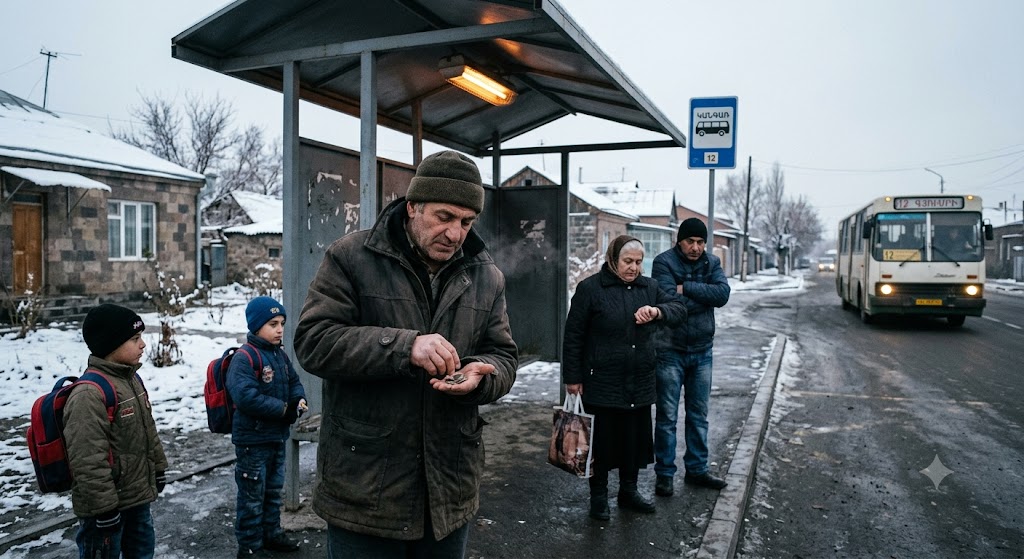 A man standing at a winter transit stop counting his change