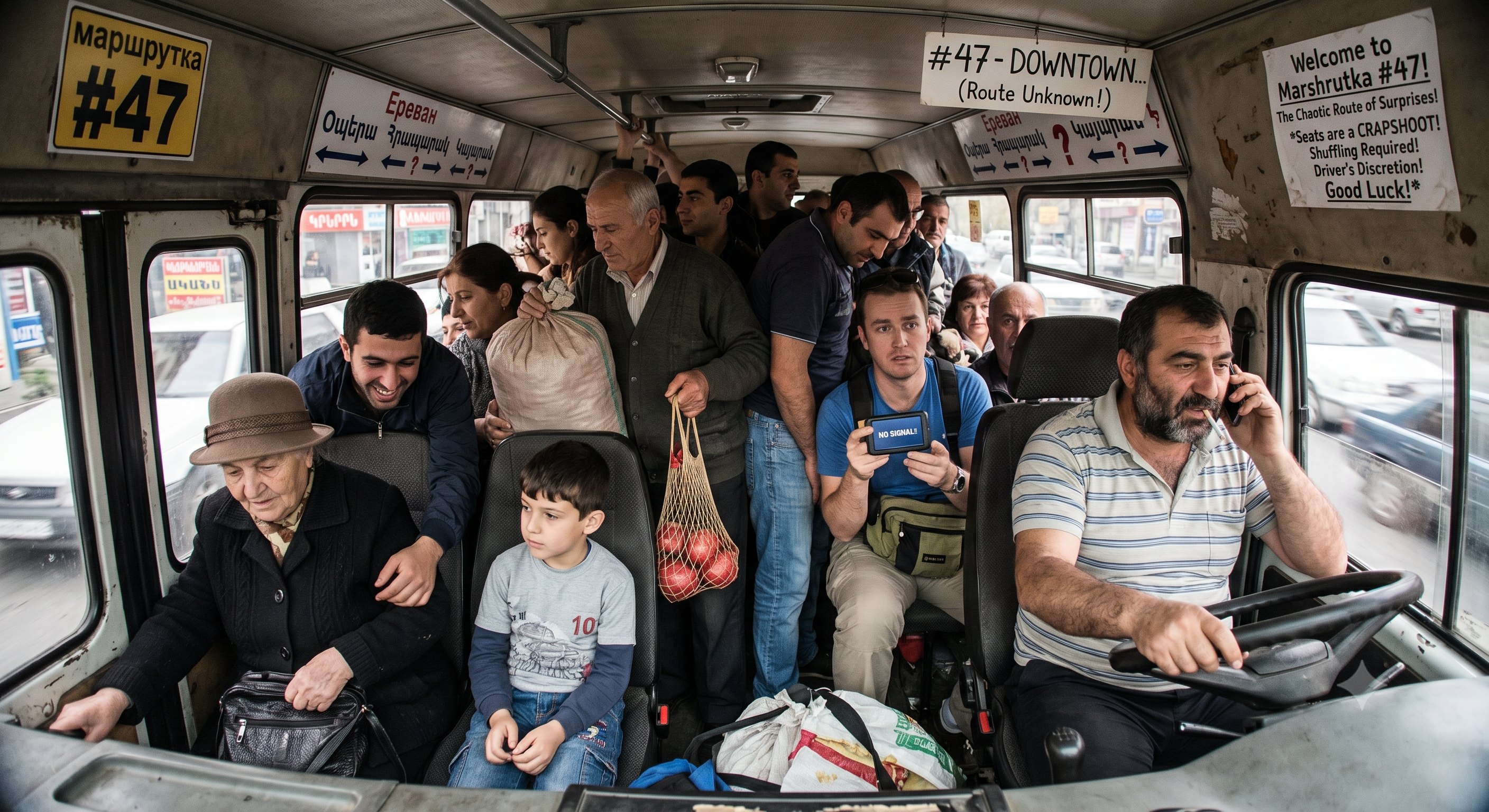 The cramped interior view of a busy marshrutka