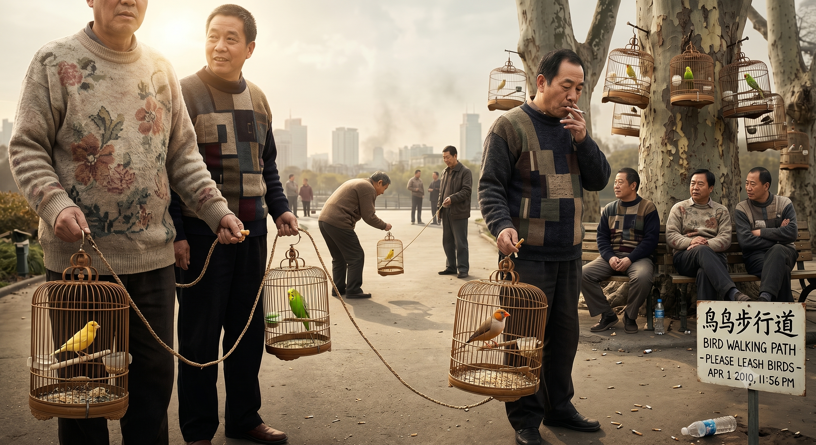 Birdcages hanging from trees in a public park in Nanjing